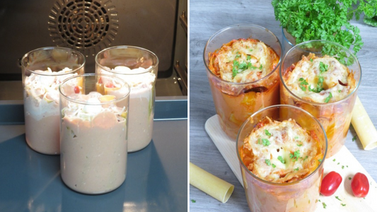 Cannellonis im Meal Prep Glas im Backofen, vor dem Backen und danach als fertiges Gericht