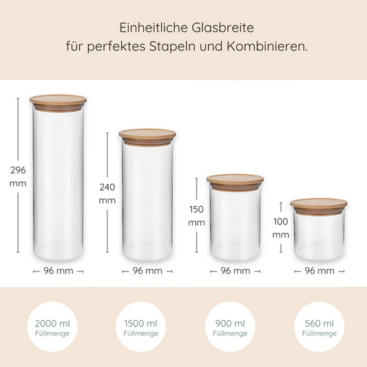 Vorratsgläser mit Holzdeckel, stapelbar, Starter-Set mit 4 Gläsern