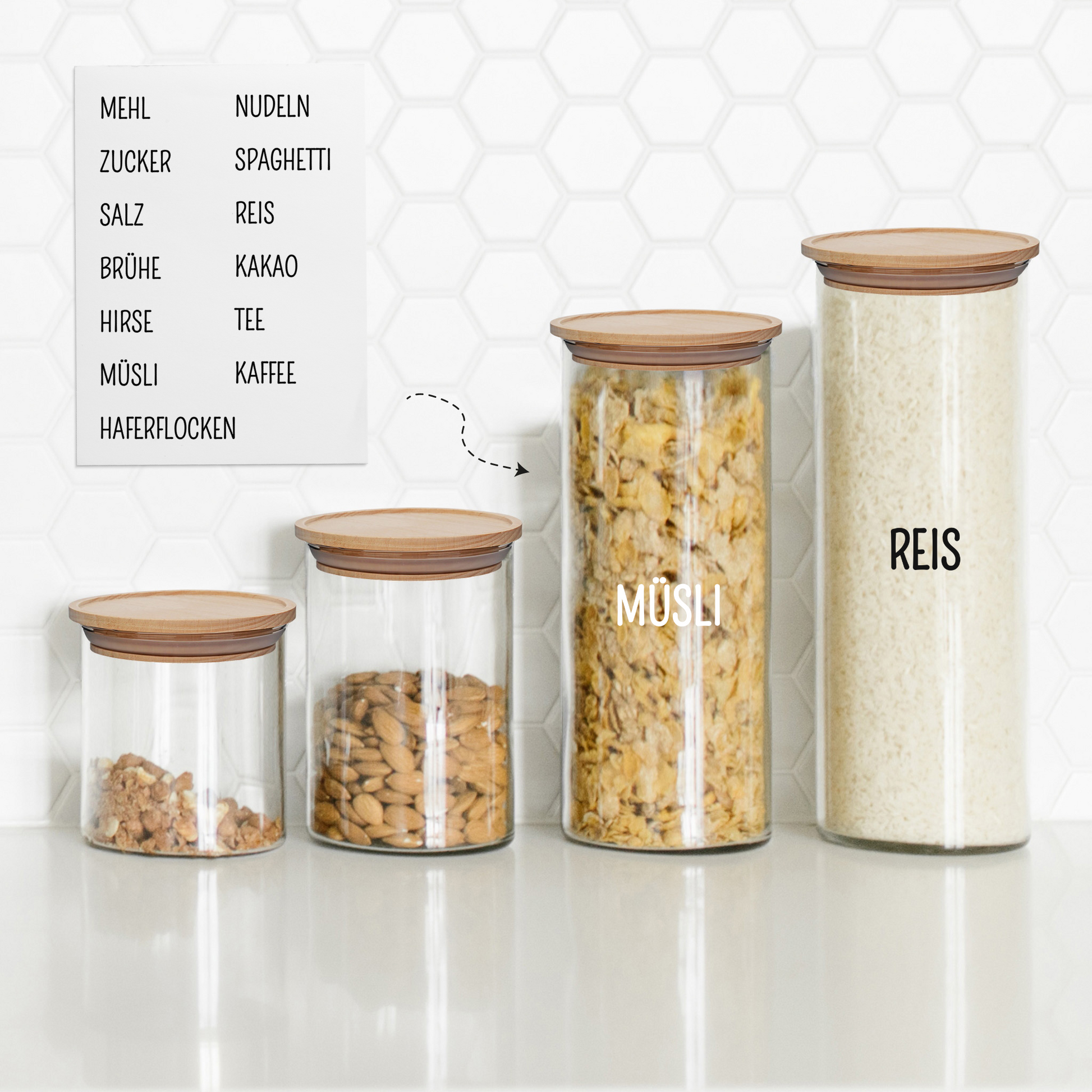 Vorratsgläser Holzdeckel stapelbar Starter Set mit Etiketten