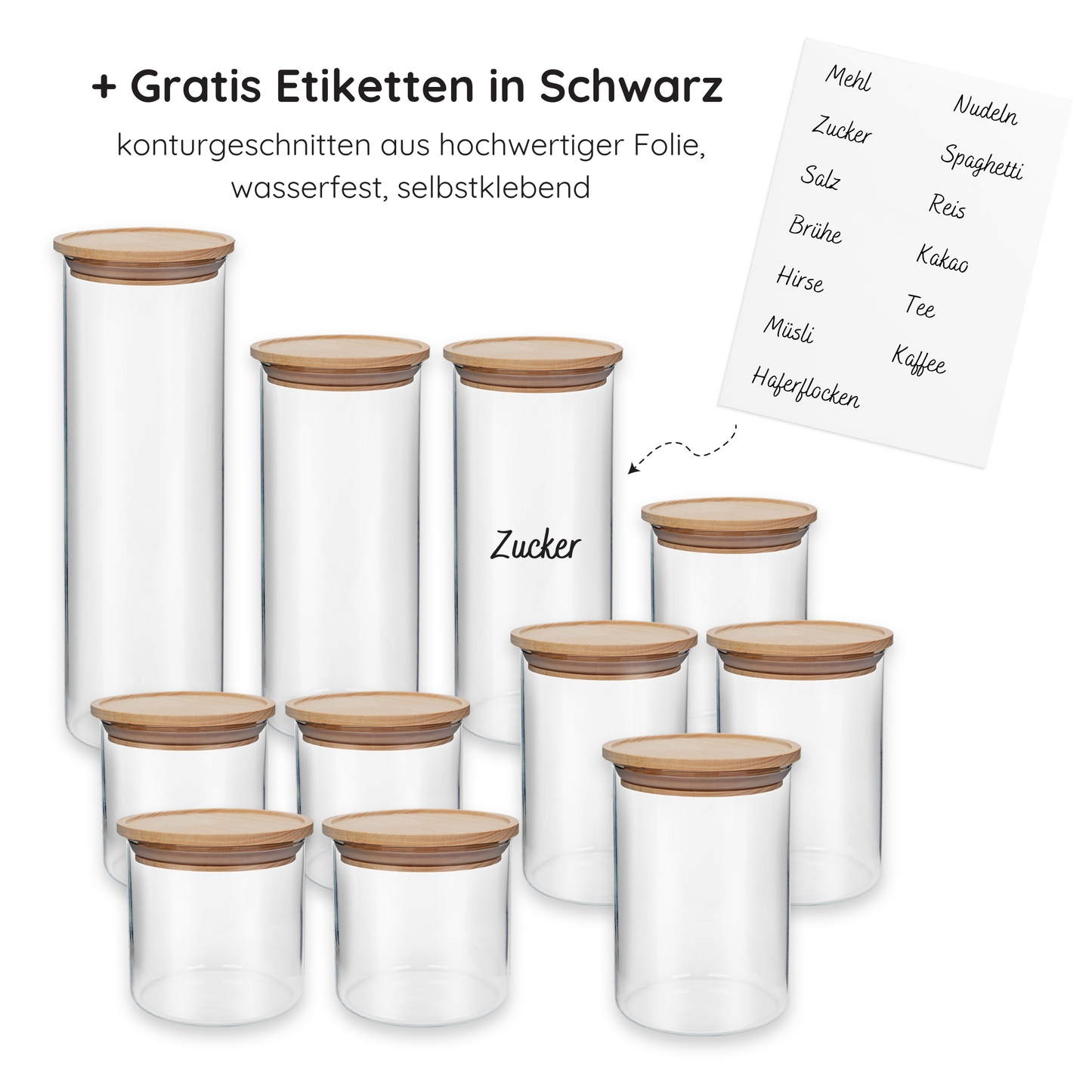 Vorratsgläser mit Holzdeckel, 11er Set, + Etiketten in Schwarz