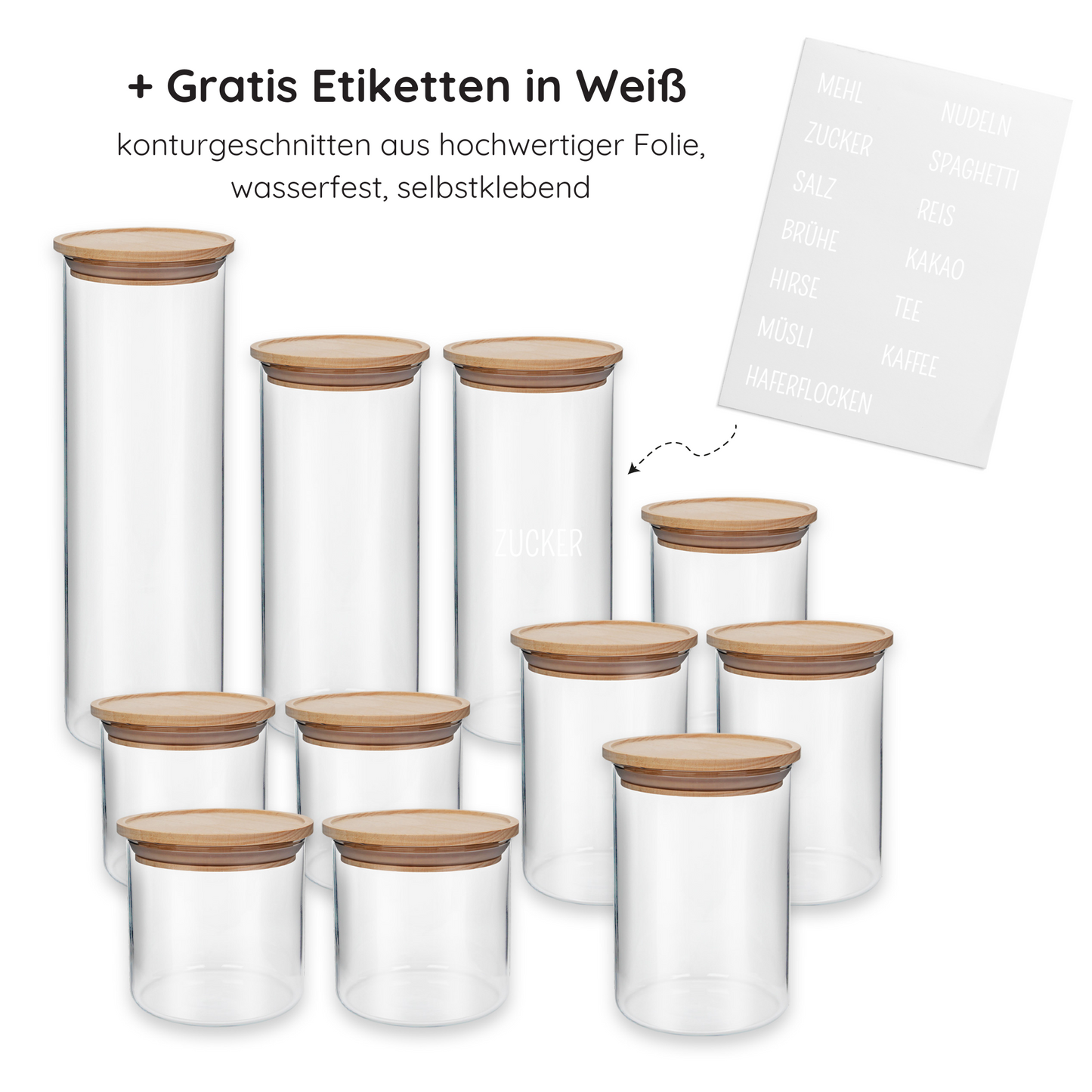 Vorratsgläser mit Holzdeckel, 11er Set, + Etiketten in Weiß