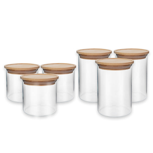 Vorratsgläser Starter-Set, 6 Gläser mit Holzdeckel, stapelbar