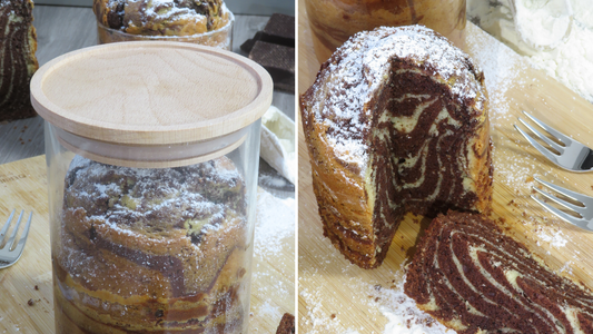 Kuchen im Glas mit Holzdeckel und ein angeschnittener Zebrakuchen