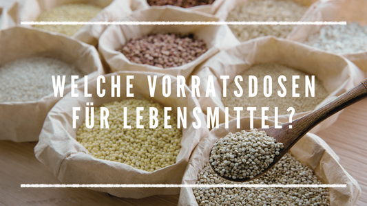 Verschiedene Lebensmittel in Papiertüten, darüber die Schrift: Welche Vorratsdosen für Lebensmittel?