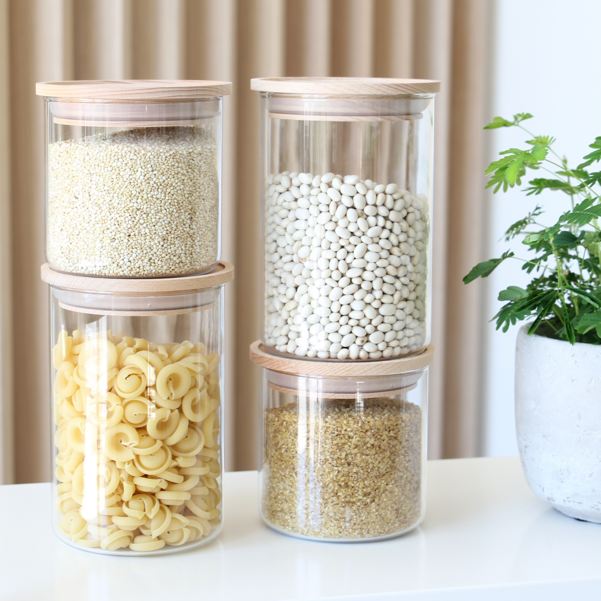 Meal Prep Vorratsgläser Set, 4 Gläser mit Holzdeckel, stapelbar – Sortinally