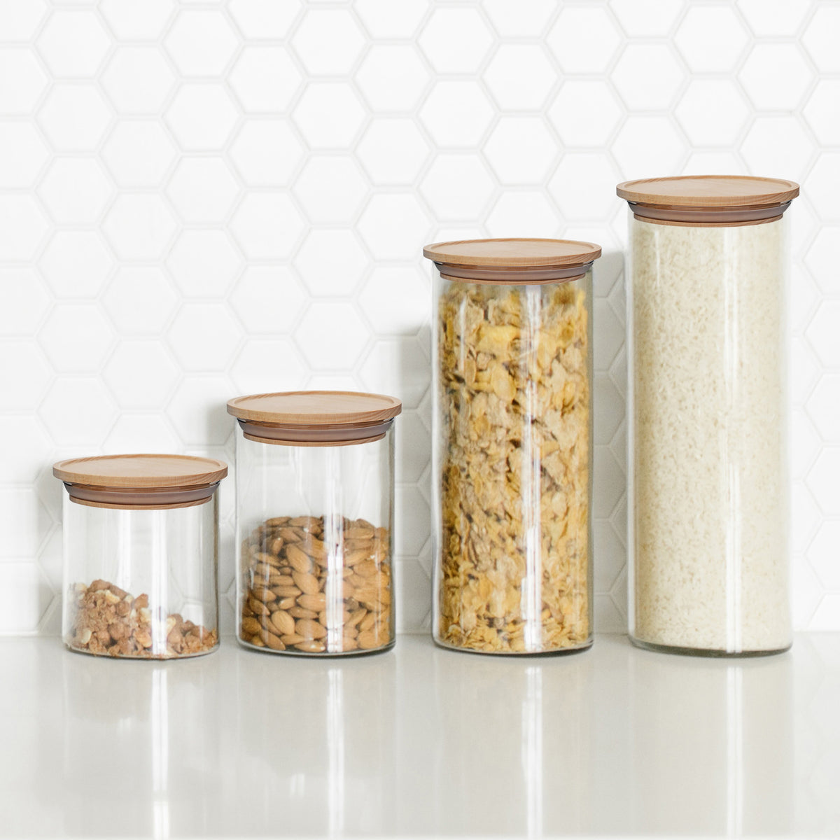 Vorratsgläser mit Holzdeckel, stapelbar, Starter-Set mit 4 Gläsern – Sortinally